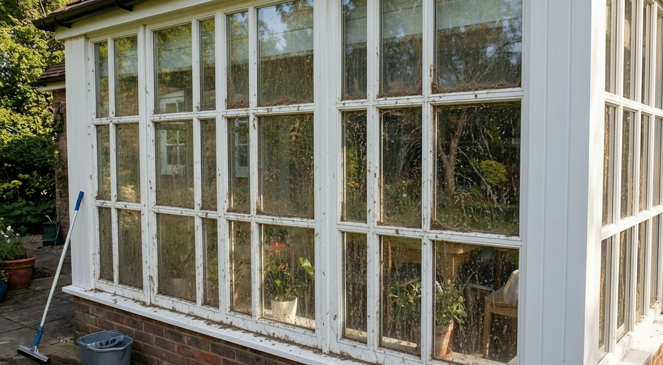 Before Dirty white conservatory windows covered in heavy grime and cobwebs